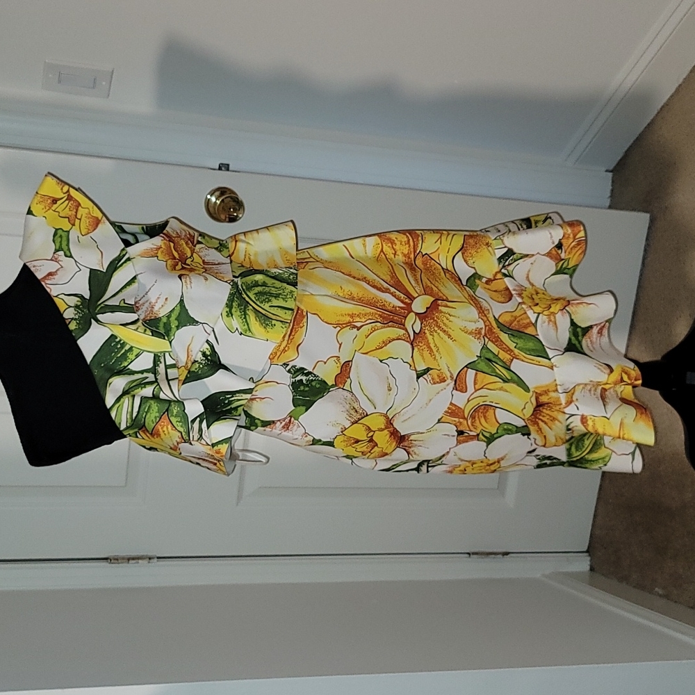 White and yellow flowered one shoulder dress